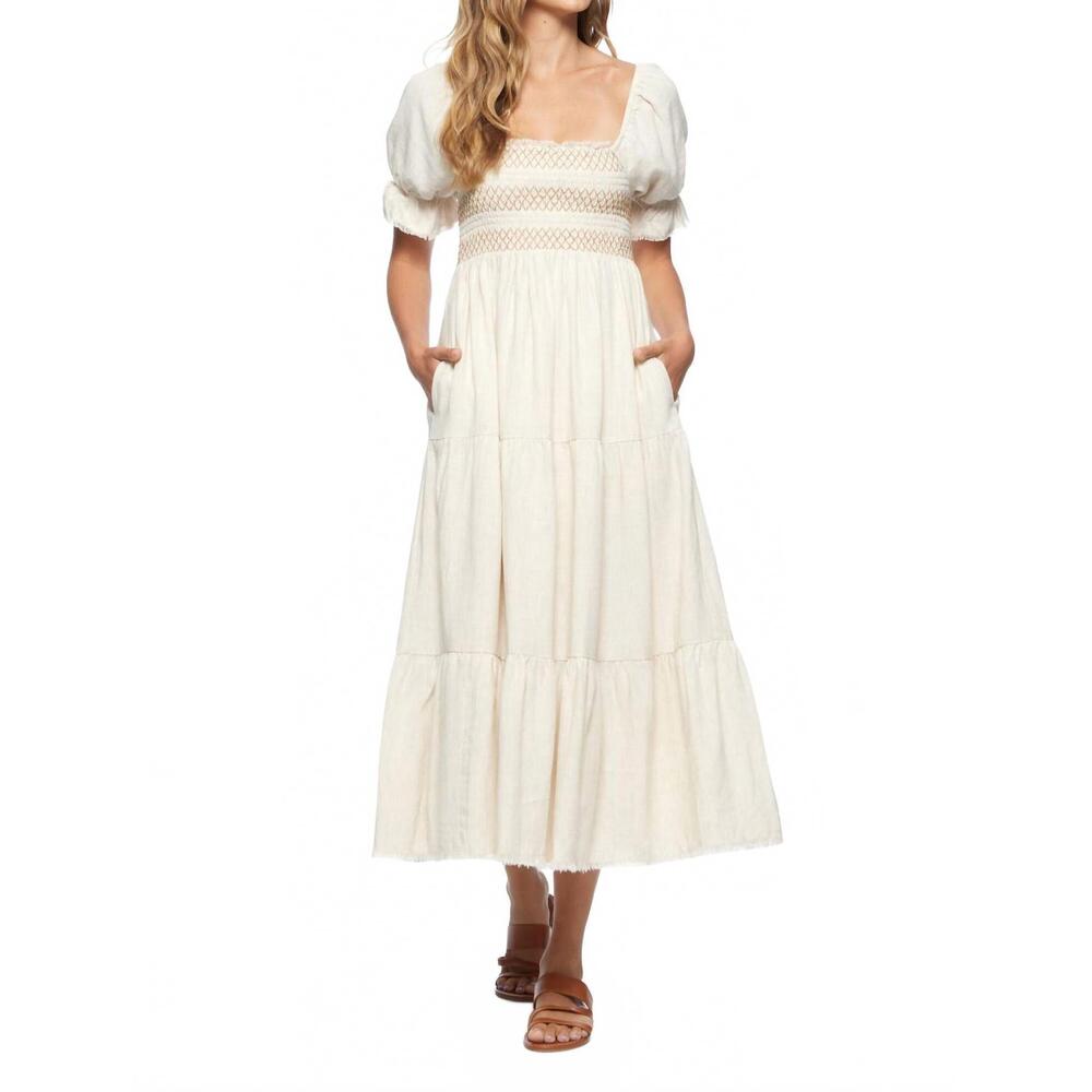 NEW FLAGS & ANTHEM nora smocked bodice midi dress in cream linen
